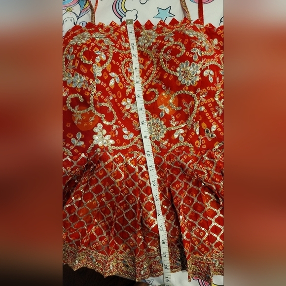 Red Readymade Embroidered Suit With Bandhej Sharara - Picture 9 of 9